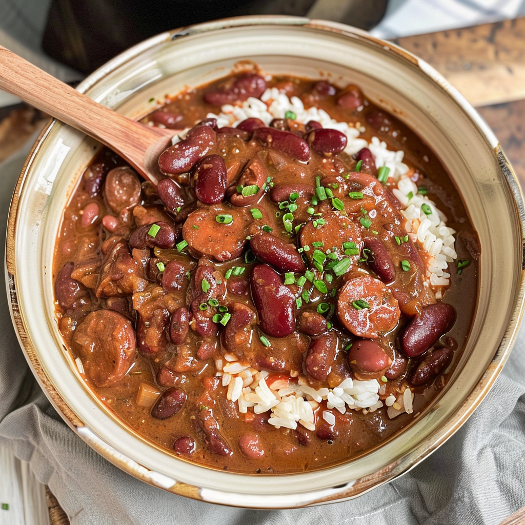 Slow Cooker Cajun Red Beans and Rice: A Cozy Southern Comfort 1 A hearty bowl of Cajun red beans and rice with sliced sausage, garnished with parsley, served with cornbread.