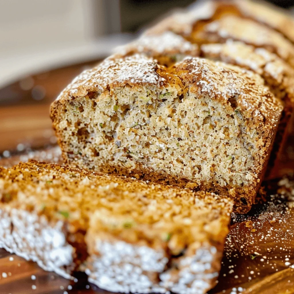Sliced loaf of snickerdoodle zucchini bread with a golden cinnamon-sugar crust.