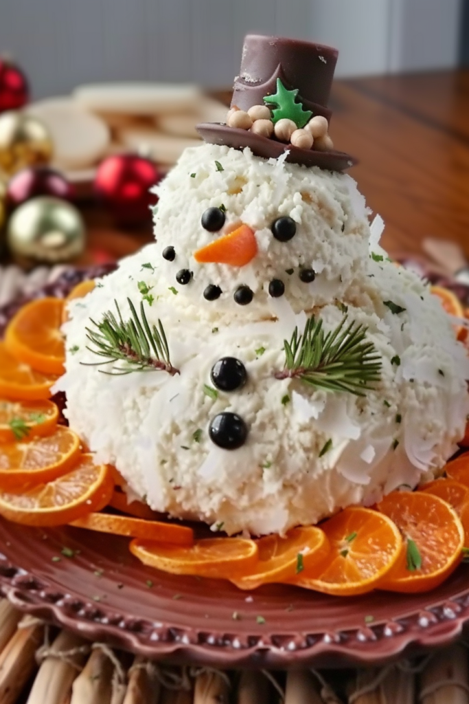 Snowman Cheese Ball appetizer decorated with carrot nose and peppercorn eyes on a holiday table.