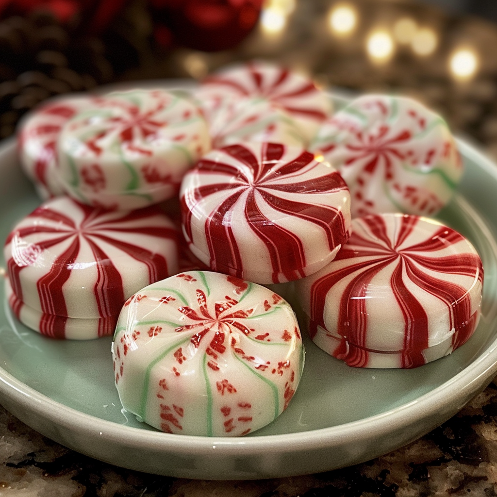 Festive red, green, and white soft Christmas peppermints in a holiday bowl
