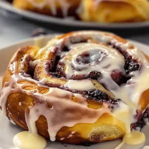 Cozy cinnamon rolls swirled with purple huckleberries and drizzled with creamy frosting