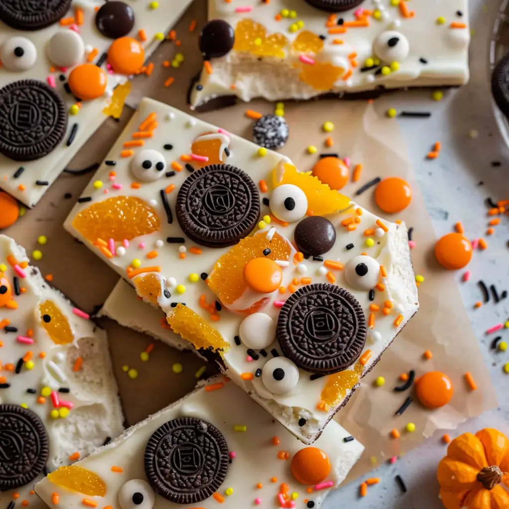 White chocolate Halloween Oreo bark with orange-filled Oreos, Reese’s Pieces, eyeball candies, and festive sprinkles on parchment.