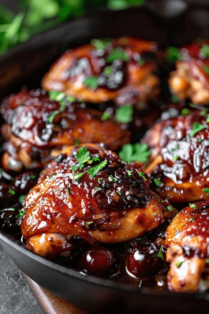 Sticky cherry chicken thighs baking in the oven with glaze