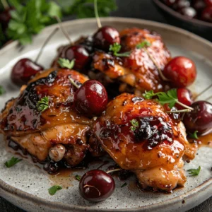 Sticky cherry chicken thighs recipe baked with cherry glaze