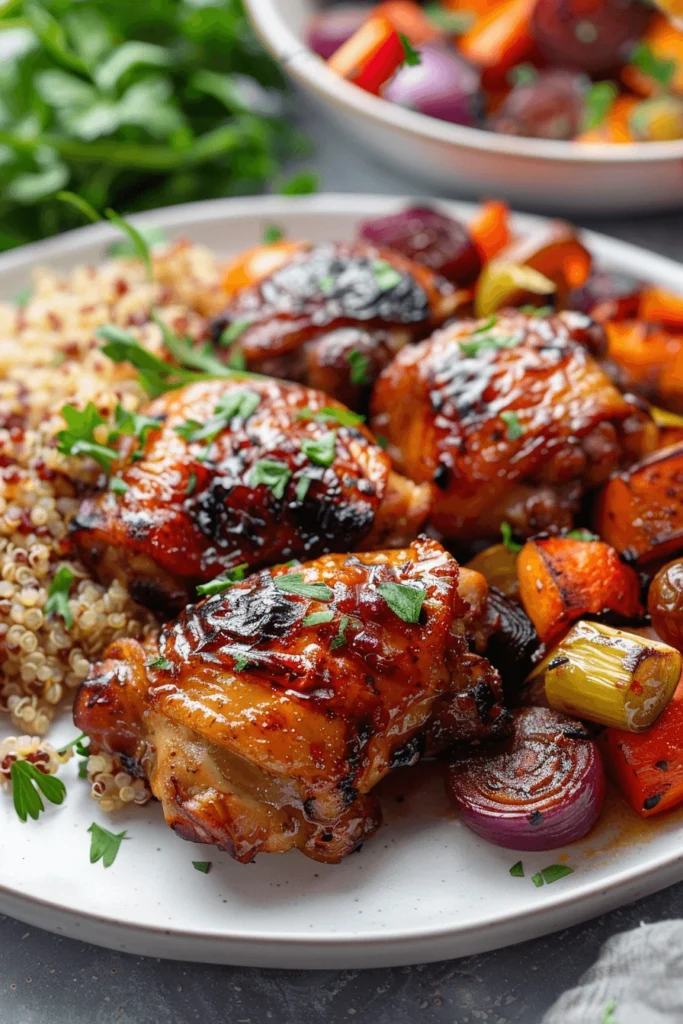 Sticky cherry chicken thighs served with healthy sides
