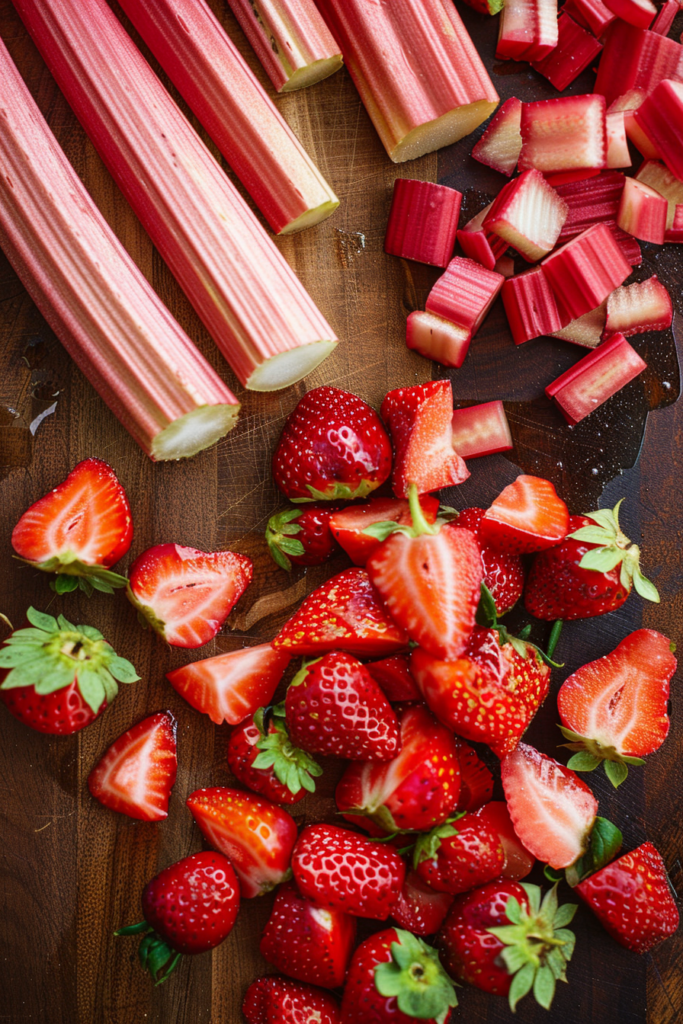 ingredients for strawberry rhubarb jam recipe on a wooden board