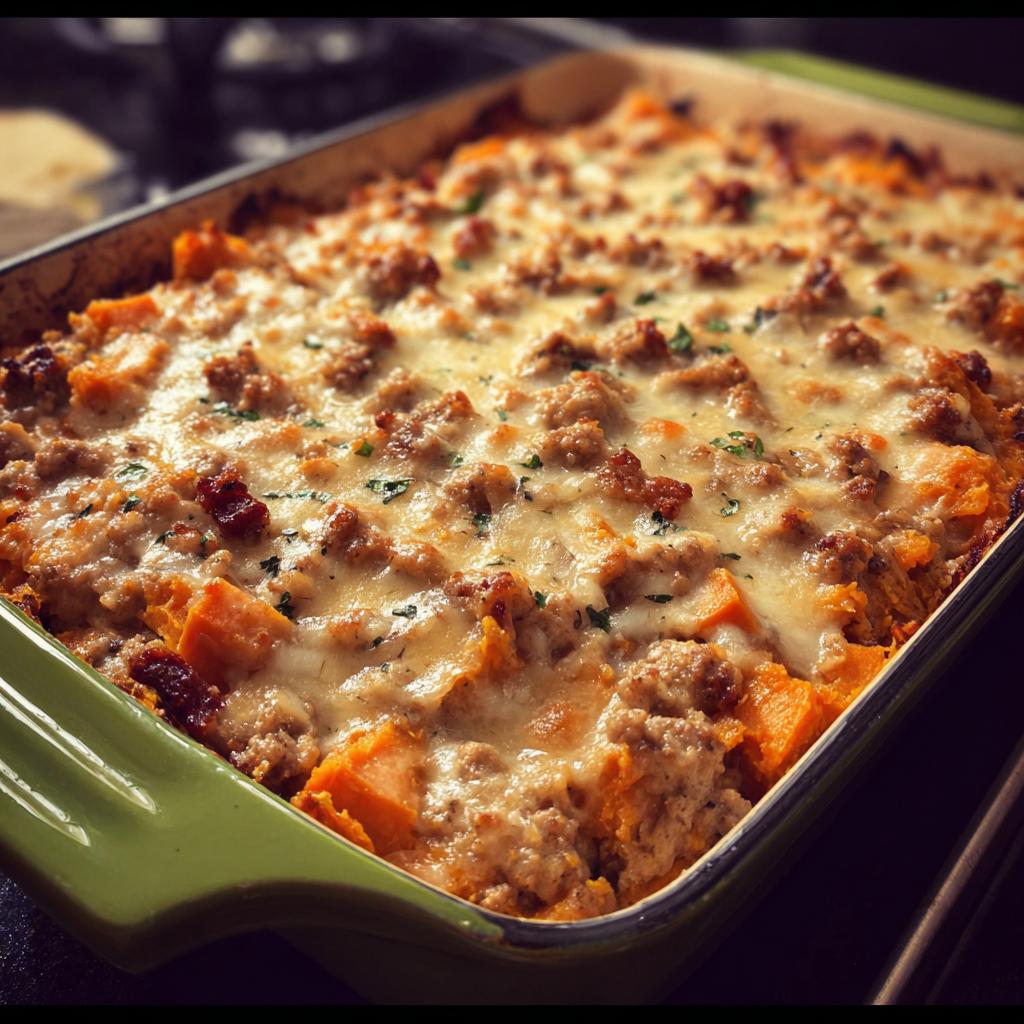 Sweet Potato and Ground Turkey Bake 1 Sweet potato and ground turkey bake topped with melted cheese