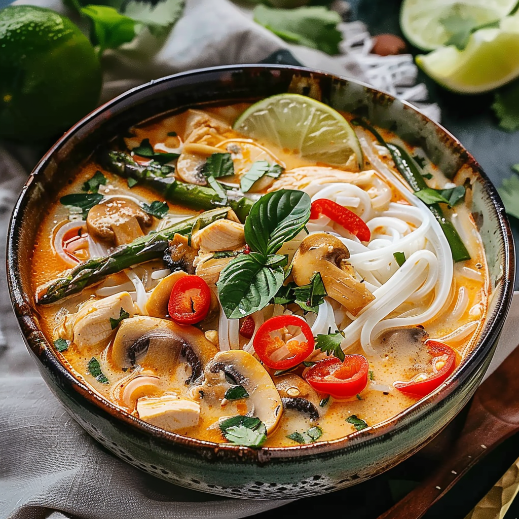 Bowl of Thai Chicken Soup with coconut curry broth, rice noodles, vegetables, garnished with basil and lime