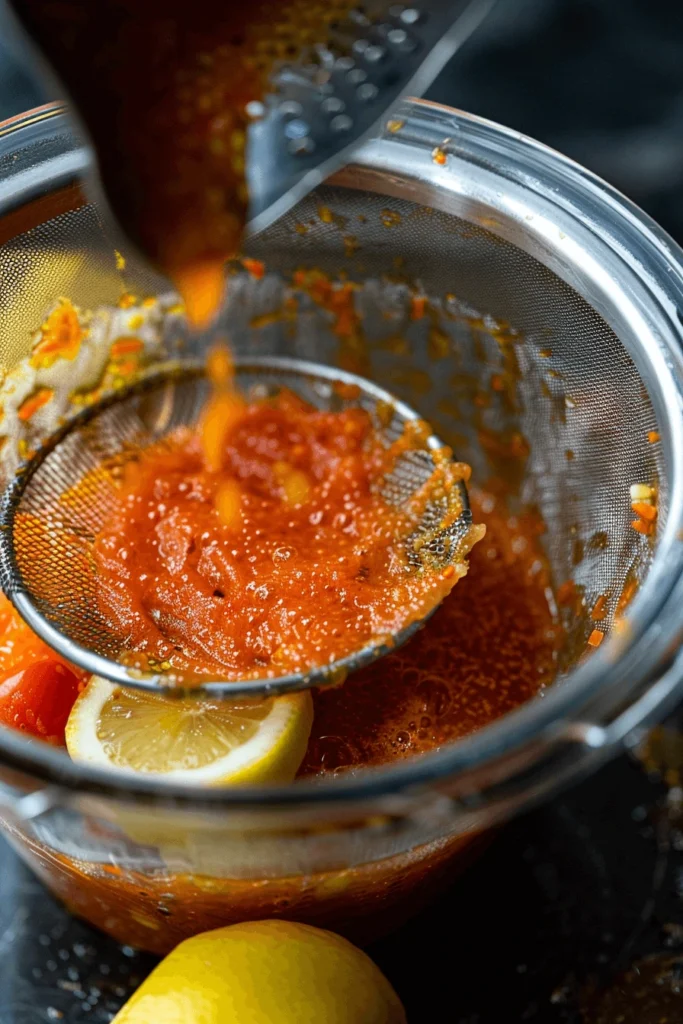 Straining tomato lemonade mixture into a jug