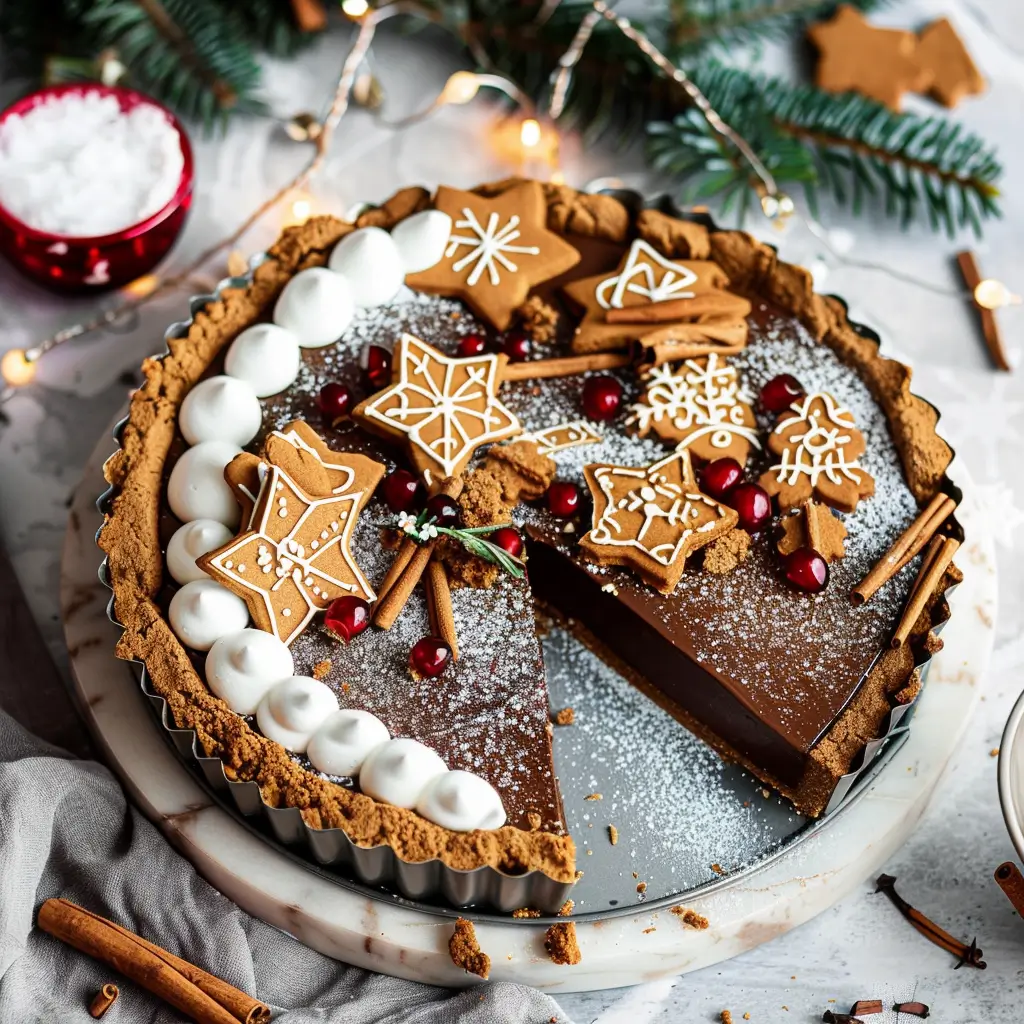 Vegan chocolate gingerbread tart topped with whipped cream and cookie crumbles
