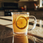 Morning detox drink from japanese pink salt recipe with lemon slice and honey