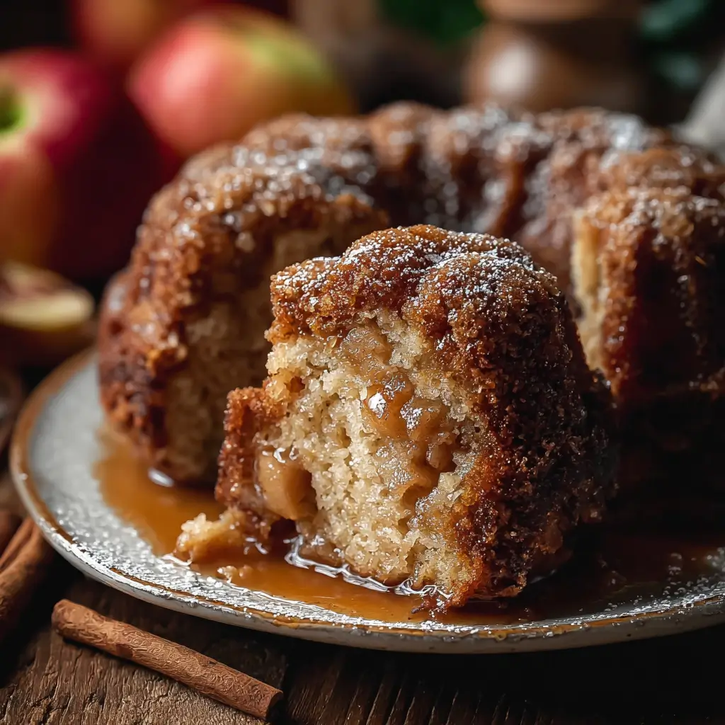 Homemade apple bundt cake dusted with powdered sugar.