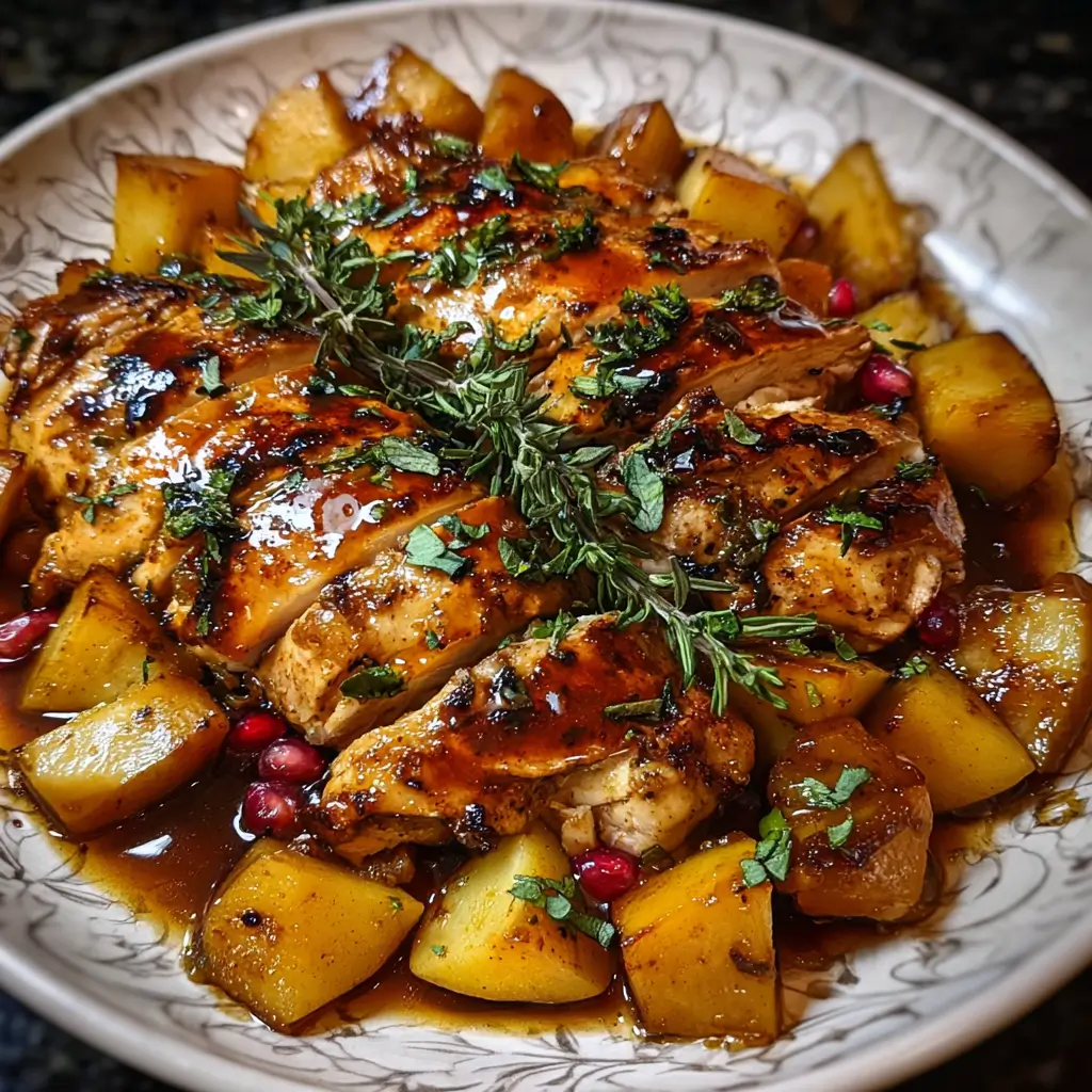 Skillet of apple cider chicken in creamy sauce with thyme
