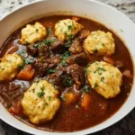 Bowl of beef stew with vegetables and fluffy dumplings.