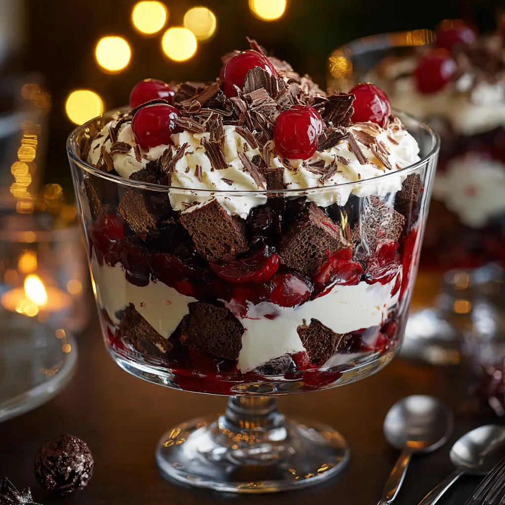 A layered Black Forest Trifle in a glass bowl, showing chocolate cake, cherries, whipped cream, topped with chocolate shavings.