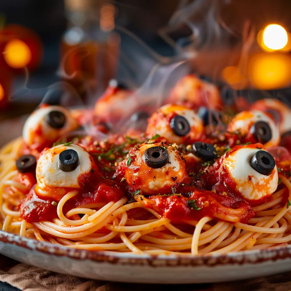 Bloody Spaghetti with Mozzarella Eyeballs 1 Plate of spaghetti with rich red sauce and mozzarella eyeballs on a rustic wooden table
