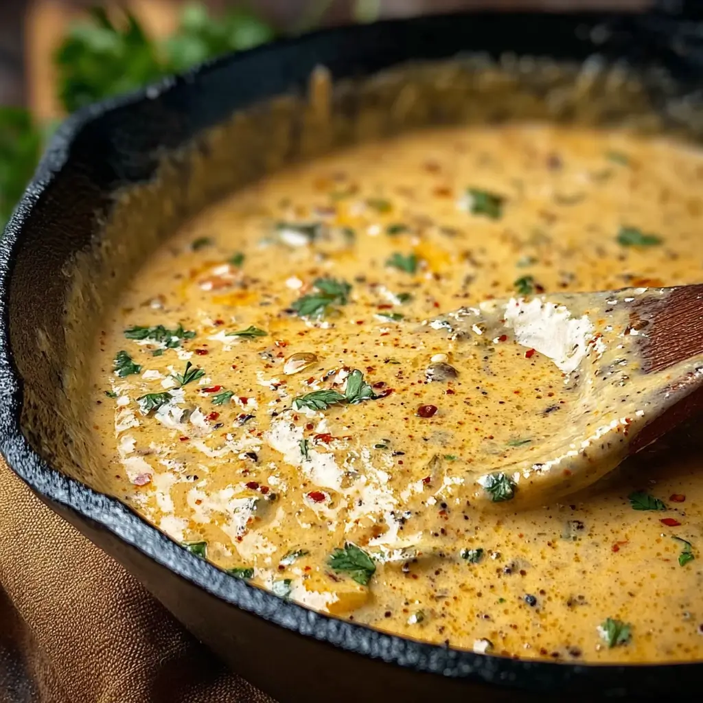 Creamy Cajun cream sauce in a skillet garnished with parsley.