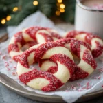 Christmas candy cane cookies with red and white twists.