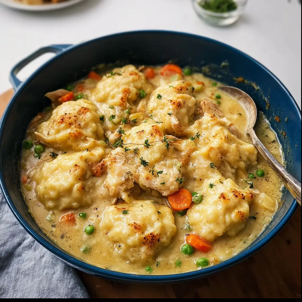 Bowl of homemade chicken and dumplings with vegetables and fluffy dumplings.