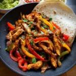 Skillet of chicken fajitas with peppers and onions served with tortillas
