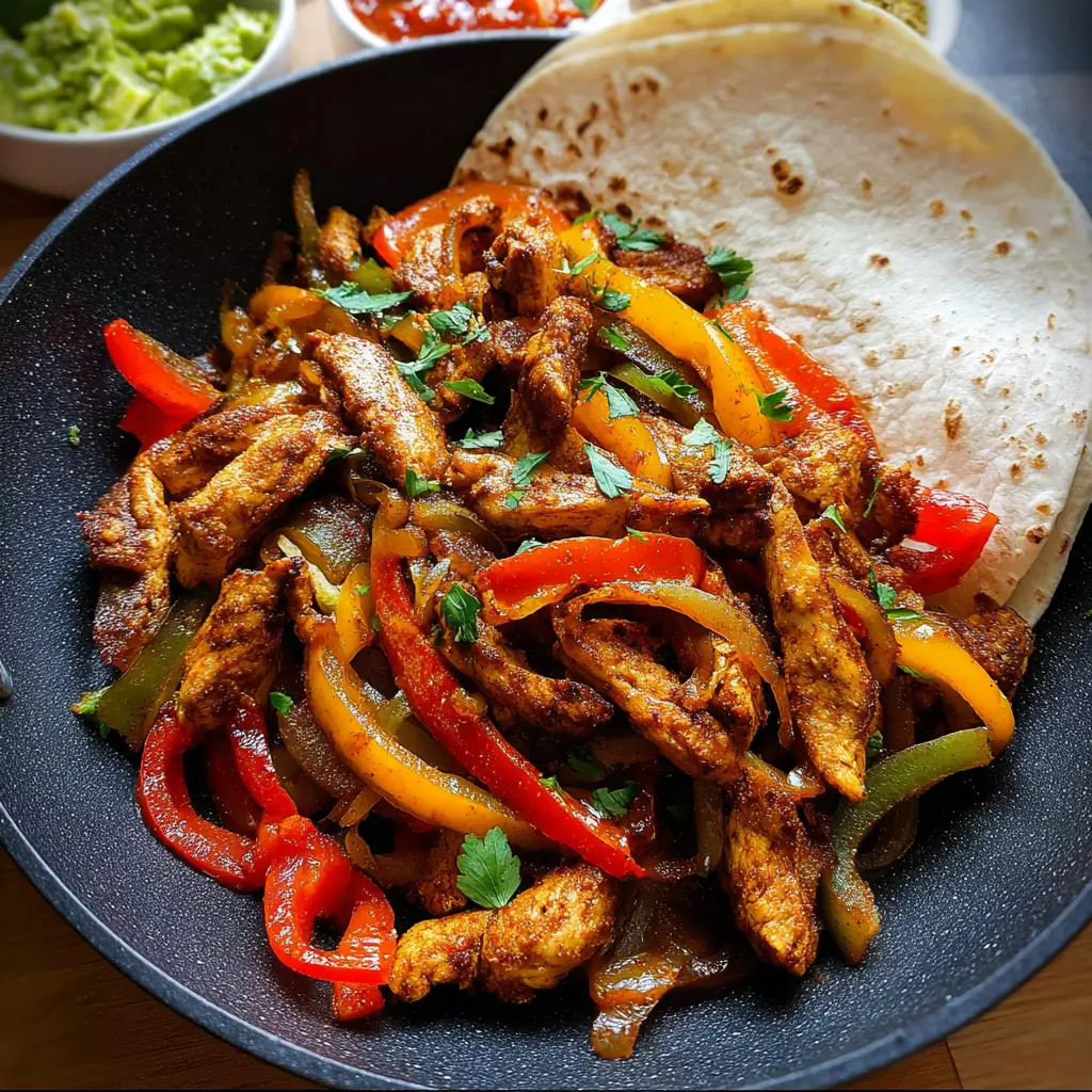 Skillet of chicken fajitas with peppers and onions served with tortillas