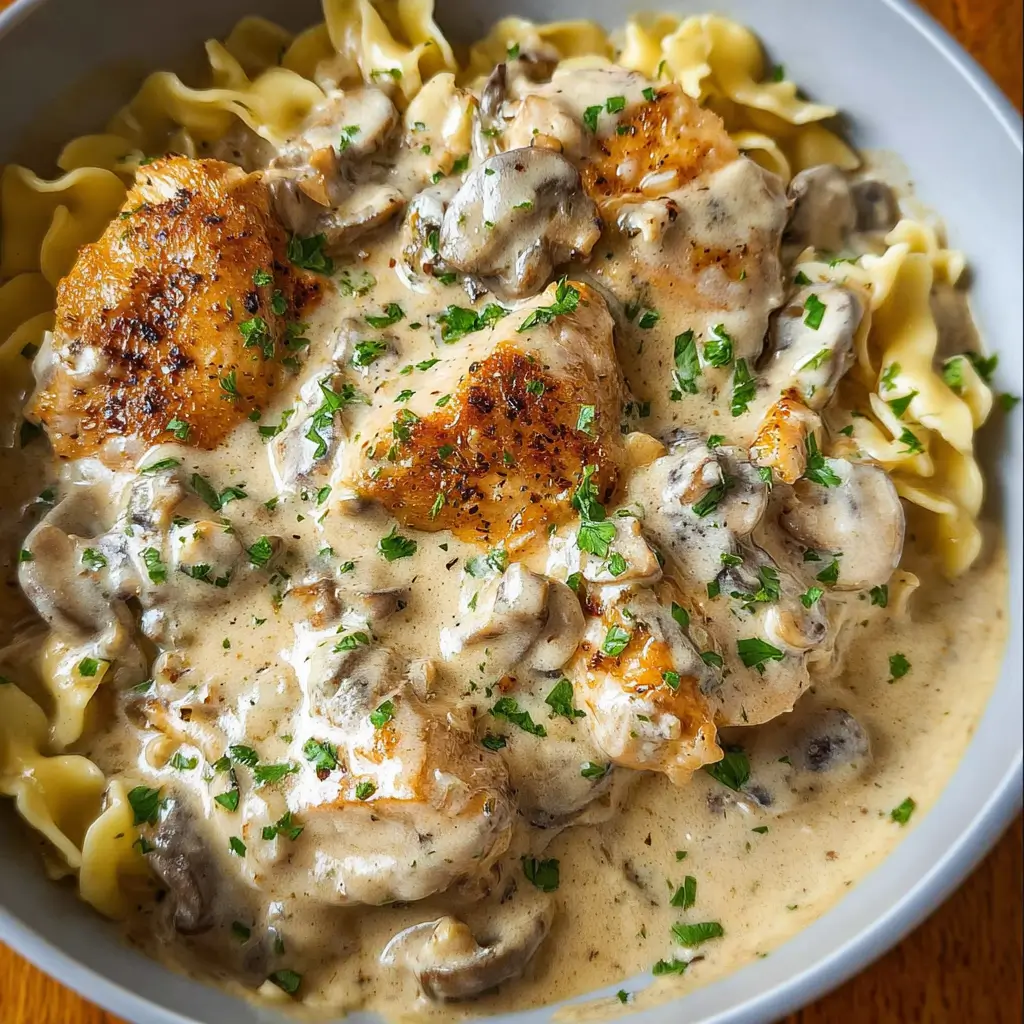 Chicken stroganoff with creamy mushroom sauce in a skillet