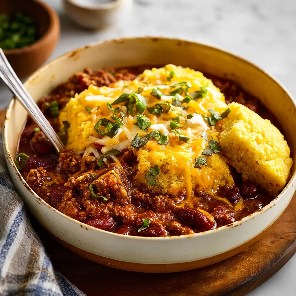 Chili Cornbread Casserole – Comfort Food at Its Best 1 Chili cornbread casserole with golden cornbread and melted cheese.
