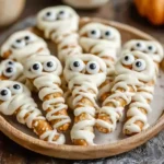 Chocolate pretzel mummies: pretzel rods dipped in white chocolate with candy eyes and white drizzle resembling bandages