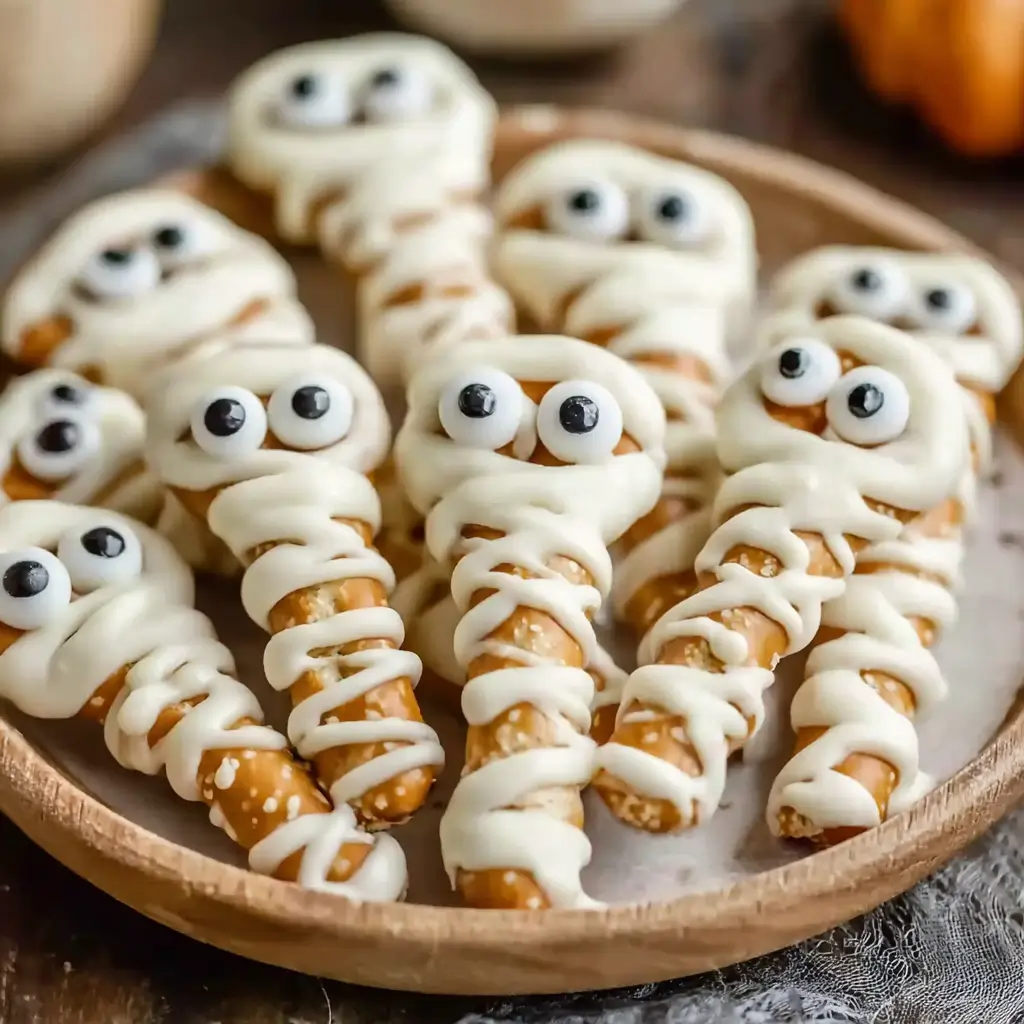 Chocolate pretzel mummies: pretzel rods dipped in white chocolate with candy eyes and white drizzle resembling bandages
