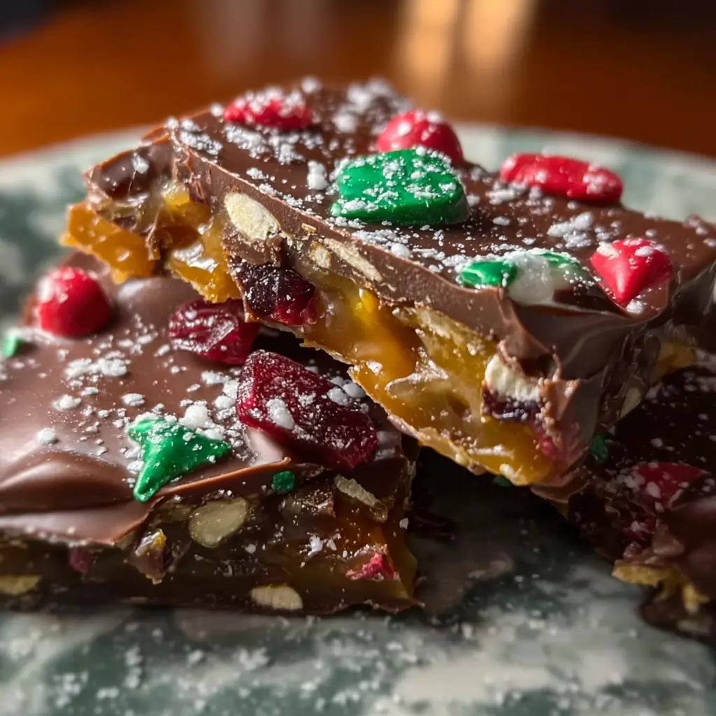 Christmas cracker candy topped with chocolate and festive sprinkles