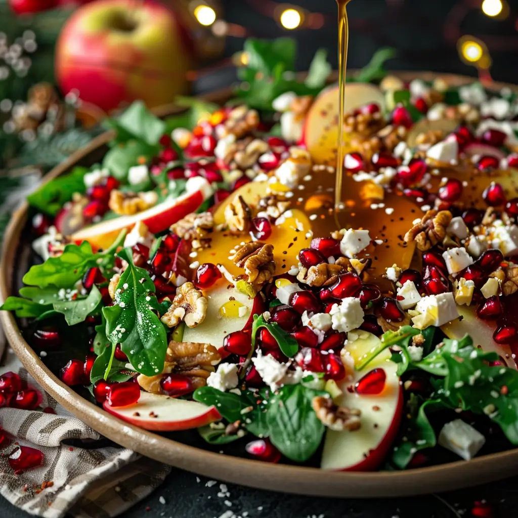 Christmas Salad with Honey Mustard Dressing 1 Festive Christmas salad with apples, pomegranate, nuts, and honey mustard dressing