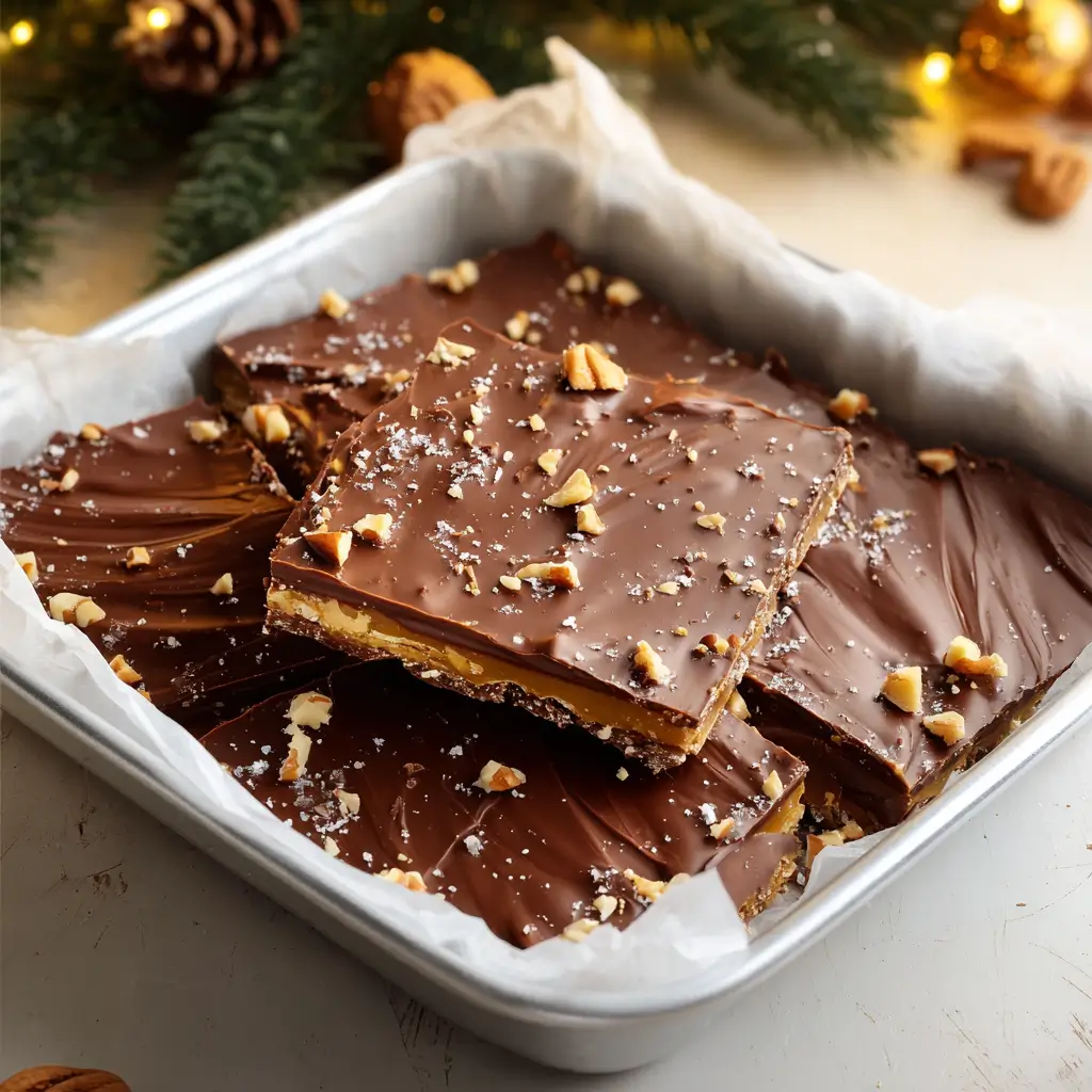 Classic Christmas Toffee 1 Homemade Classic Christmas Toffee topped with chocolate and nuts.