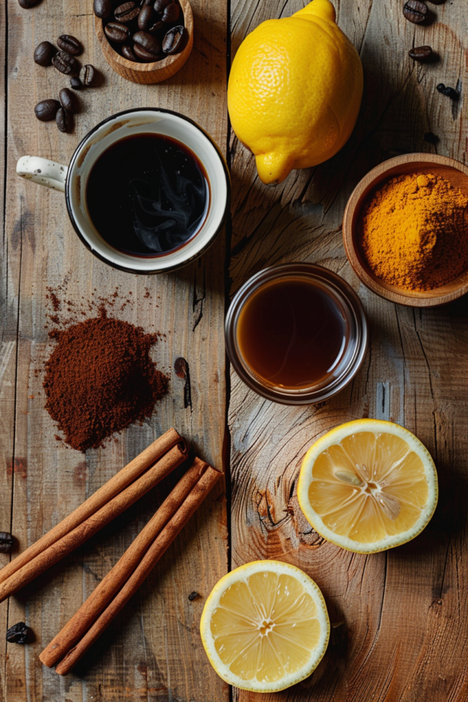 Coffee loophole recipe ingredients including cinnamon, turmeric, lemon, and honey