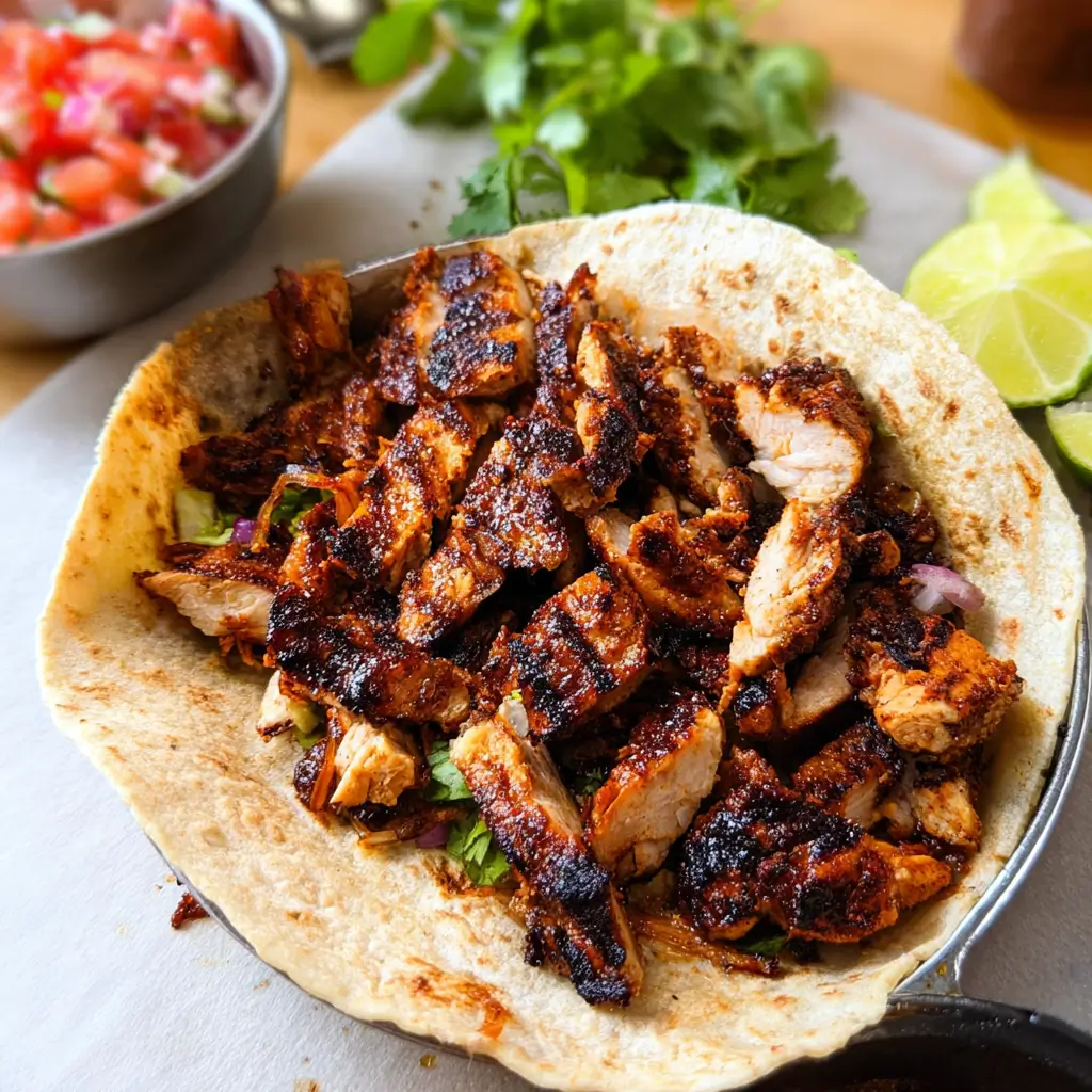 Copycat Chipotle Chicken 1 Smoky grilled chipotle chicken thighs chopped into pieces with lime wedges