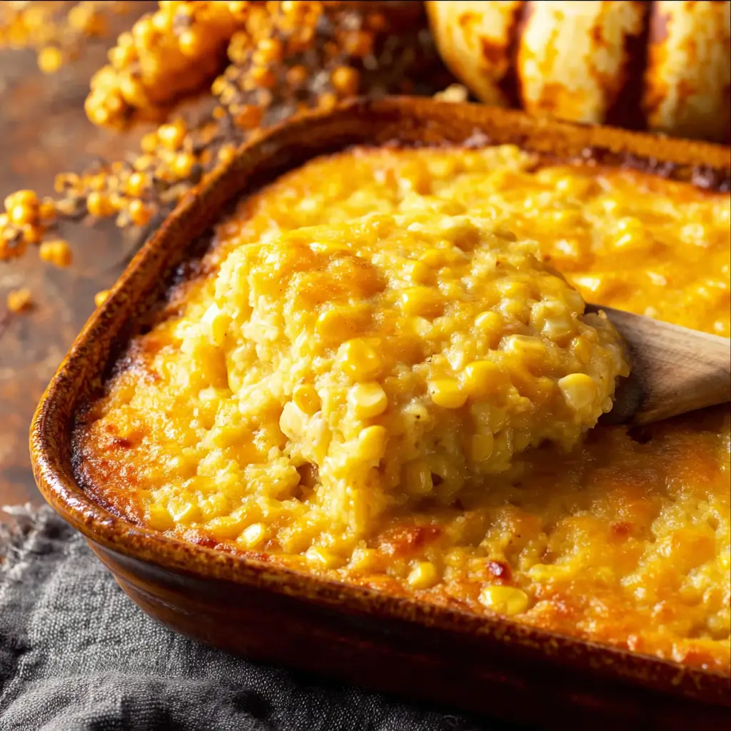 Golden baked corn casserole in a rustic dish on a wooden table.