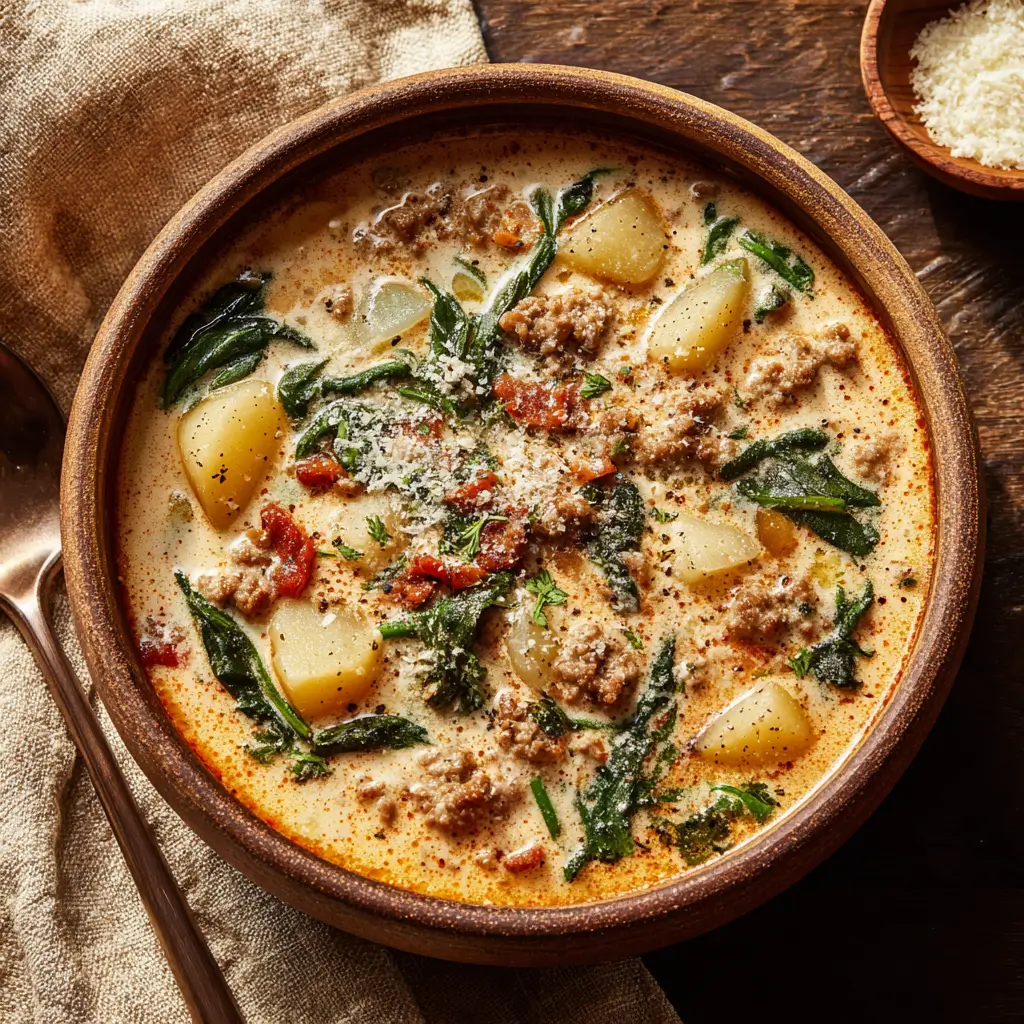 Bowl of creamy Italian sausage and potato soup with spinach and Parmesan