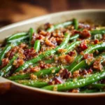 Crack green beans with bacon and buttery brown sugar glaze in a baking dish
