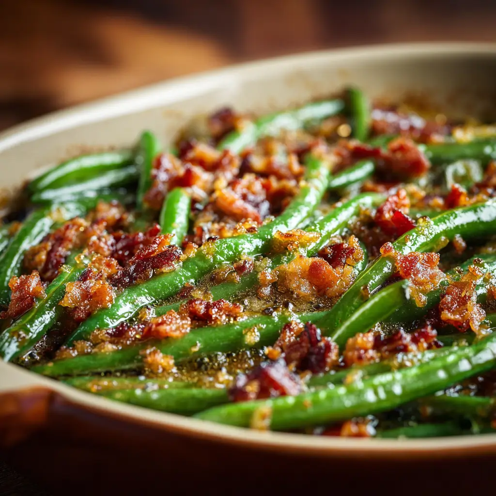 Crack green beans with bacon and buttery brown sugar glaze in a baking dish