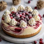 Cranberry and white chocolate cheesecake with crimson swirls and fresh cranberries on top