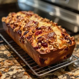 Freshly baked cranberry walnut bread sliced on a rustic wooden table