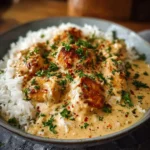 Creamy smothered chicken served over rice with parsley garnish.