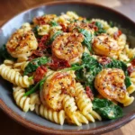 Creamy sun-dried tomato shrimp and spinach pasta served in rustic bowl garnished with basil