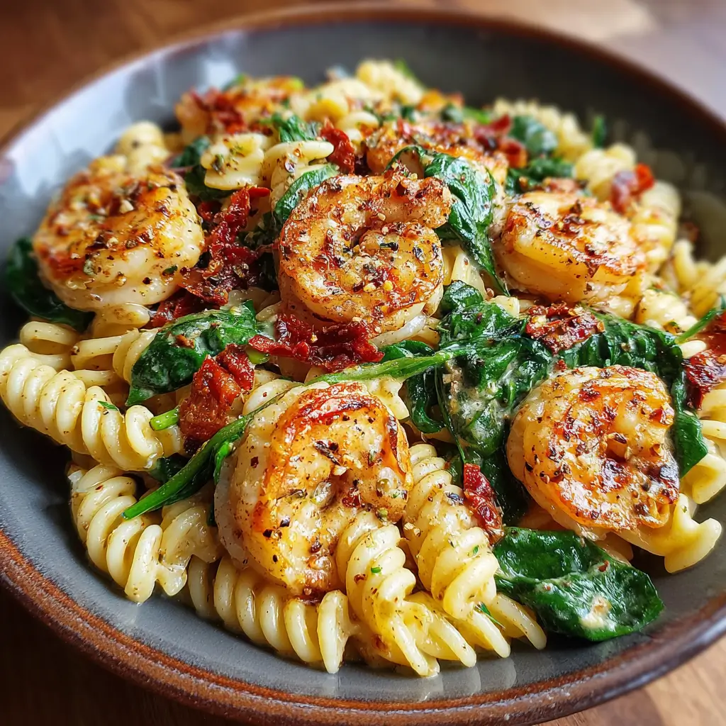 Creamy sun-dried tomato shrimp and spinach pasta served in rustic bowl garnished with basil