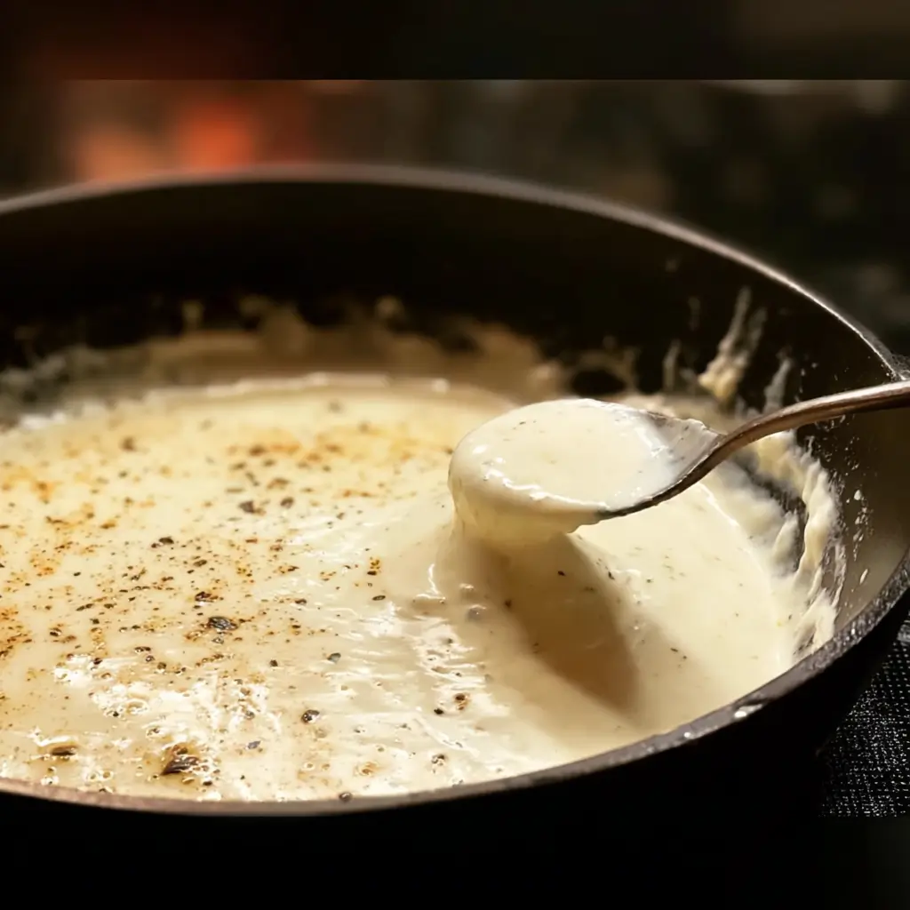 Creamy homemade bechamel sauce in a saucepan with wooden spoon