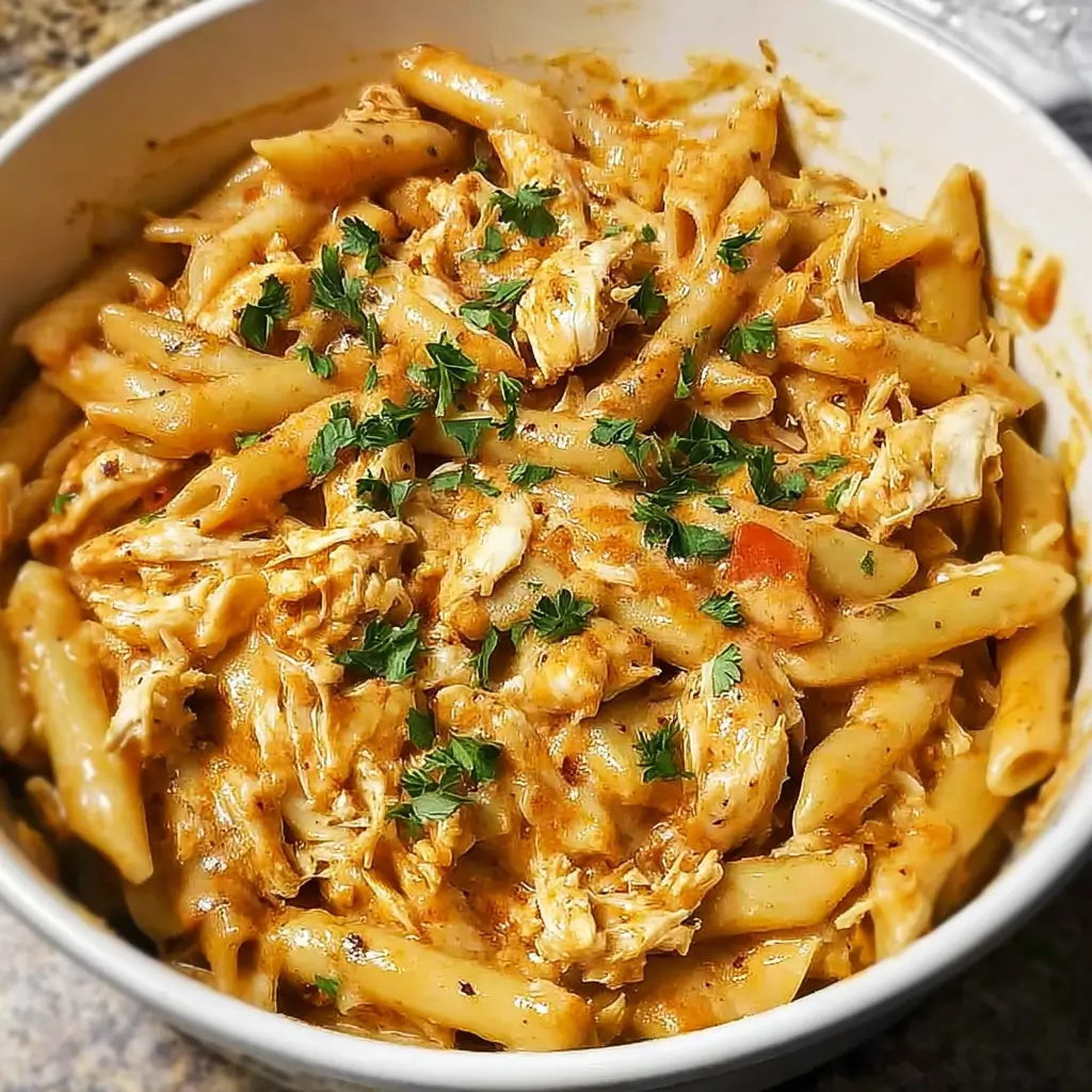 Bowl of creamy Cajun chicken pasta with peppers and parsley