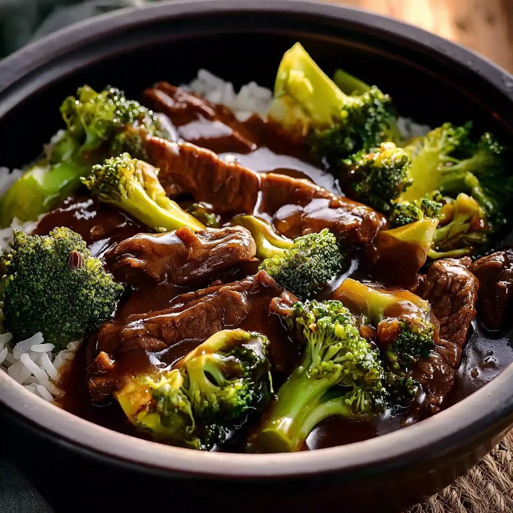 Mouthwatering Crock Pot Beef and Broccoli 1 Tender beef slices and bright green broccoli florets in glossy savory sauce over white rice
