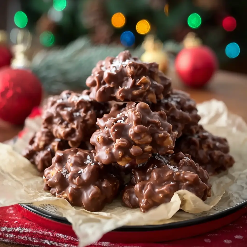Crockpot Candy – Sweet, Simple, and Perfect for Sharing 1 Chocolate peanut clusters made in a crockpot, set on parchment paper with festive sprinkles