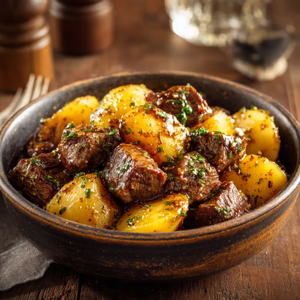 Crockpot Garlic Butter Beef Bites with Potatoes 1 Crockpot Garlic Butter Beef Bites with Potatoes served in a rustic bowl.