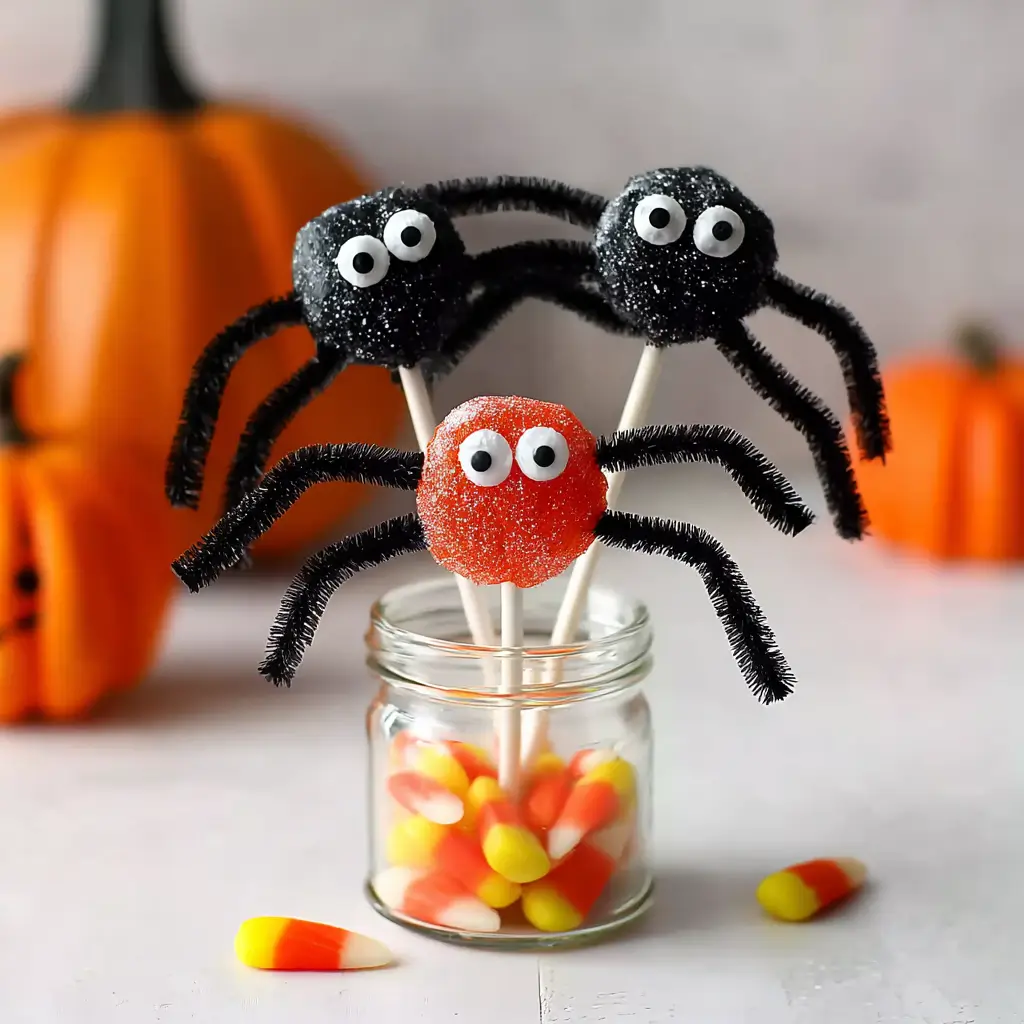 Halloween lollipops decorated as spiders with pipe cleaner legs.
