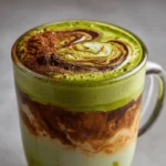 Dirty Matcha Latte in a clear glass mug